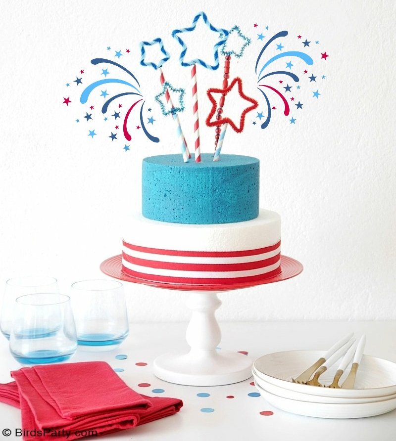 DIY 4th of July Patriotic Star Wands  - quick & easy craft project to make with the kids to decorate cakes, cupcakes, headbands or make bubble wands! by BirdsParty.com @BirdsParty #4thjuly #patrioticcrafts #redwhiteblue #diycrafts #4thjulycrafts #starwands #diywands #caketoppers #fireworkscrafts