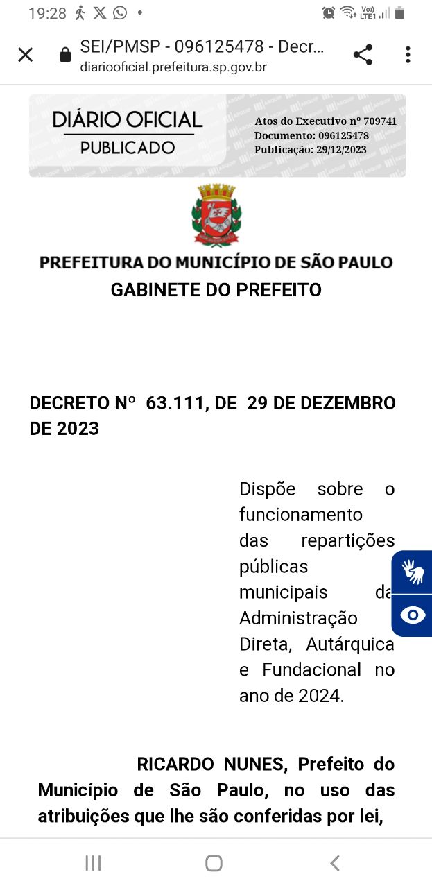 Calendário do funcionamento das repartições públicas municipais da Administração Direta, Autárquica e Fundacional no ano de 2024