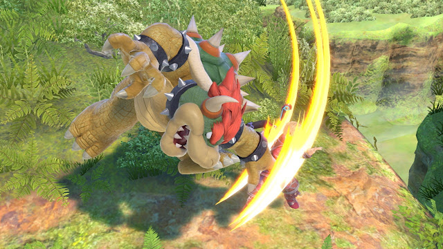 Super Smash Bros. Ultimate Bowser slashes Shulk's back forward air