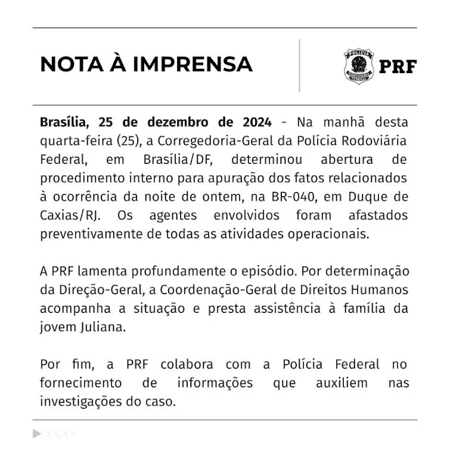 É grave o estado de saúde da jovem baleada na cabeça por policial rodoviário federal no Rio
