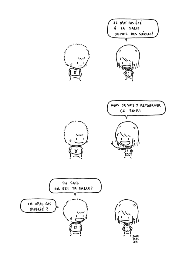 Je fais un blogbd, de la bandes dessinées et des dessins. 
            Mon excuse pour ne pas faire de sport: je ne sais plus où est la salle.
            