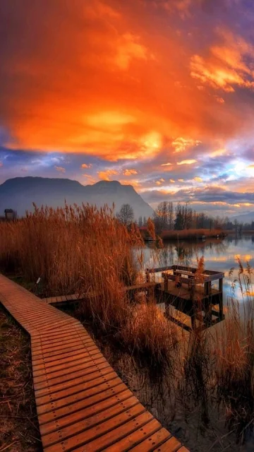 Sunset Lake Clouds Nature Scenery 