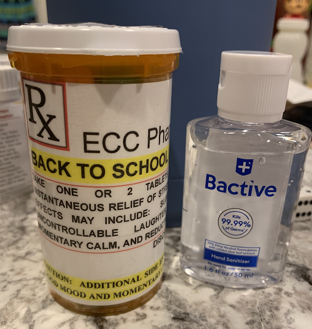 A pic of the ECC Chill Pill bottle and a small bottle of hand sanitizer