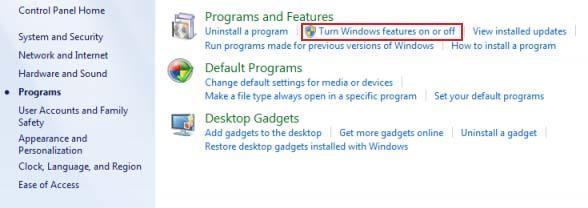 Turn windows features on or off