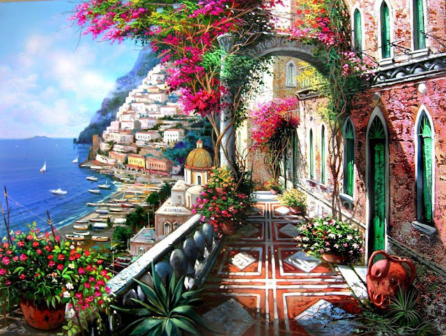 A stunning Paintings, representing the town of Positano, Italy