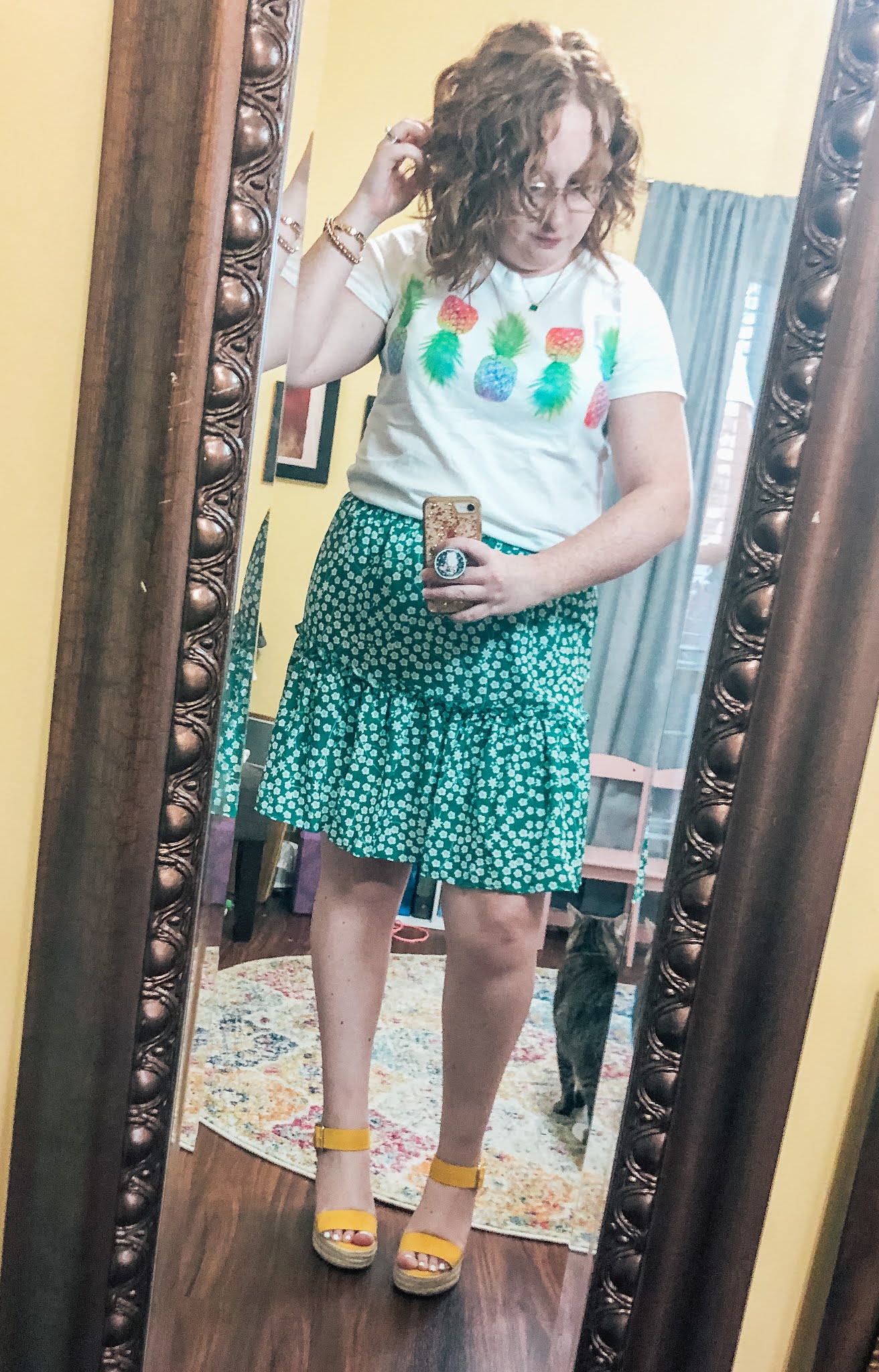 pineapple-tshirt-green-floral-skirt-yellow-wedges