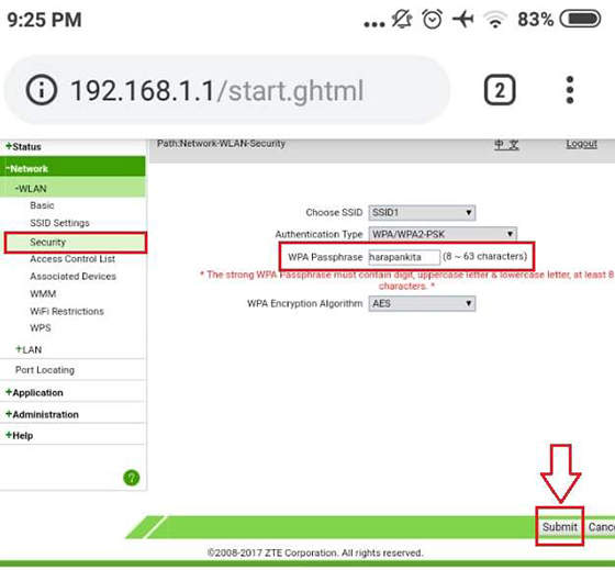 Menu Security Modem ZTE IndiHome