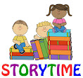 Text stating Storytime and clipart of 3 children and piles of books