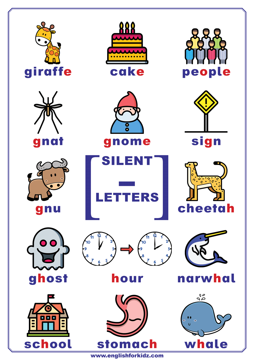 silent letters in english charts with words and pictures