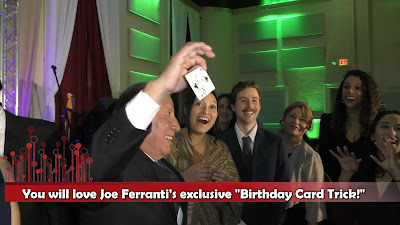 Image of an Adult man showing his surprise to his personalized Birthday Card from Boston Magician joe Ferranti.