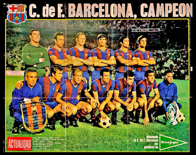 F. C. BARCELONA. Temporada 1970-71. Miguel Reina, Rifé, Gallego, Eladio, Torres, Costas; Claudio Pellejero (utillero), Rexach, Marcial, Dueñas, Zabalza, Asensi y Ángel Mur (masajista). F. C. BARCELONA 4 🆚 VALENCIA C. F. 3 Domingo 04/07/1971, 20:30 horas. LXVII Copa del Generalísimo de España, final. Madrid, estadio Santiago Bernabeu: 100.200 espectadores. GOLES: ⚽0-1: 21’, Claramunt I de penalti. ⚽0-2: 48’, Paquito. ⚽1-2: 52’, Fusté, de tiro libre directo. ⚽2-2: 70’, Zabalza. ⚽3-2: 99’, Zabalza. ⚽3-3: 101’, Valdez. ⚽4-3: 112’, Alfonseda.