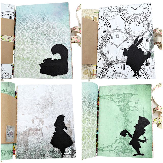 Alice in Wonderland Coptic Bound Album Page Signatures with Cheshire Cat, White Rabbit, Alice, and the Mad Hatter Chipboard Character Silhouettes