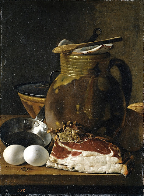 Luis Egidio Meléndez-(1716-1780) Bodegón con jamón, huevos y recipientes Oleo sobre tela, 49 x 37 cm Museo nacional del Prado, Madrid