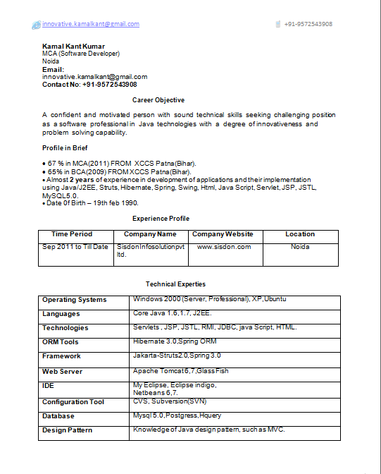 18 java j2ee 2 years experience resume