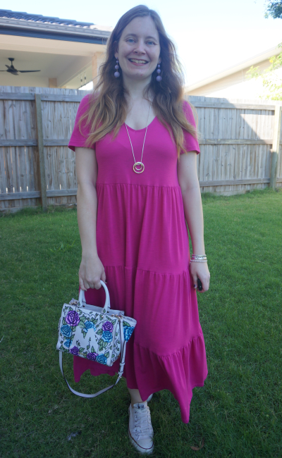 Kmart short sleeve tiered jersey dress in Fuchsia with statement earrings, converse, and hand painted floral crossbody bag | awayfromtheblue