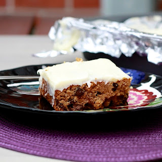 oatmeal chocolate chip snack cake with cream cheese frosting