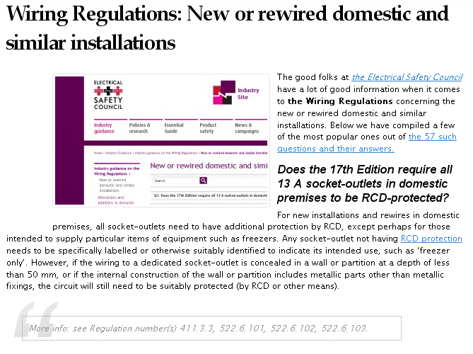 New or rewired domestic installations and the wiring regulations
