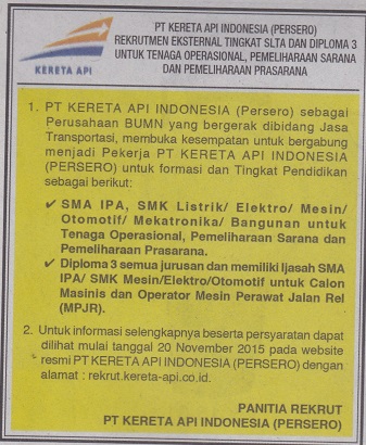 Lowongan Kerja BUMN: PT Kereta Api Indonesia (KAI) - Nov 2015