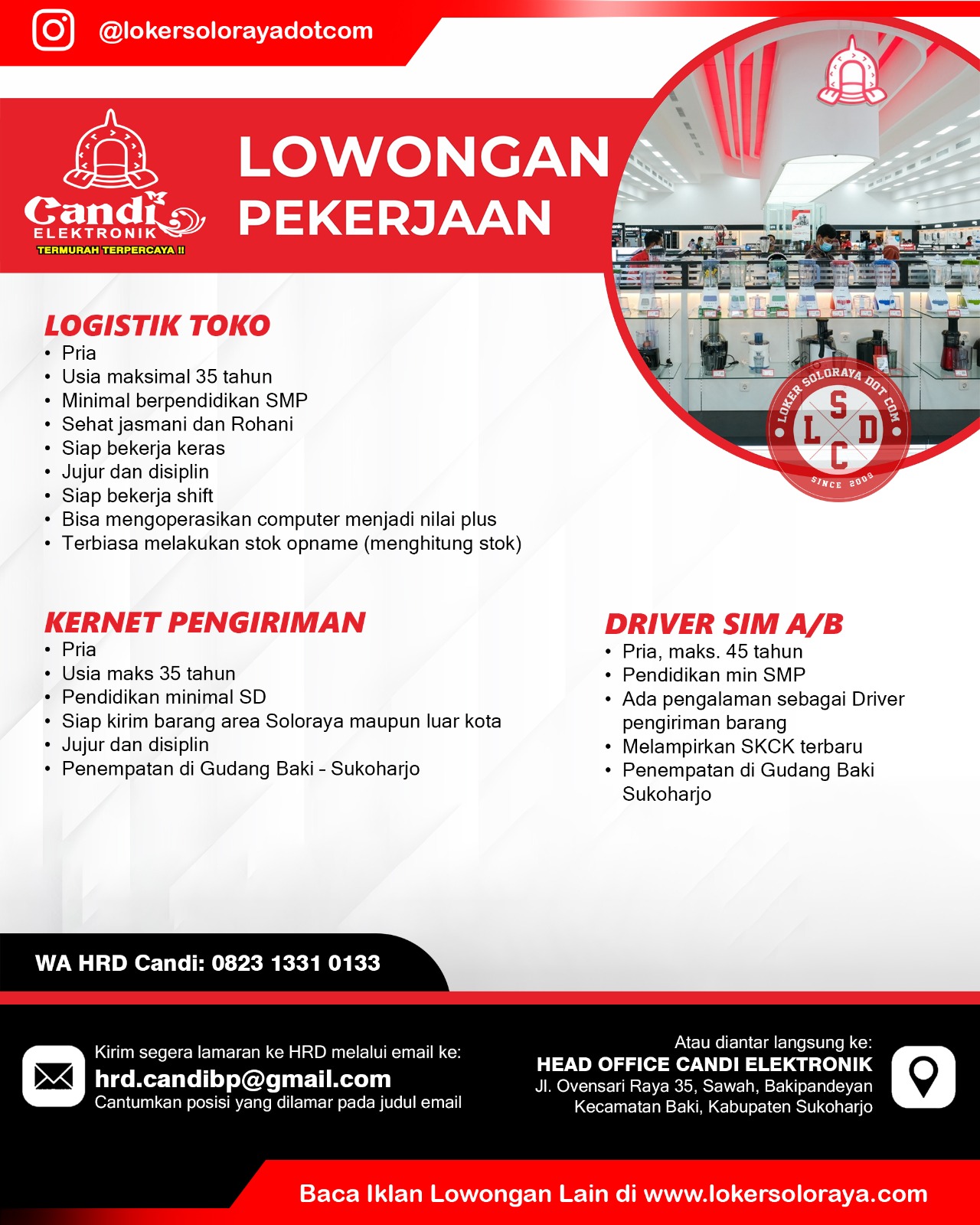 Loker Driver, Kernet, Logistik Toko, Kasir, dll di Candi Elektronik Sukoharjo
