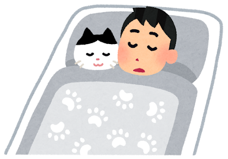 猫と一緒に寝ている人のイラスト