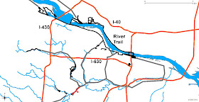 Illustration of how expanding and connecting trails would improve alternative transportation routes in Little Rock. Black and red lines represent existing paved and unpaved trails. Grey lines are trails that have been proposed but not built. Orange lines show highways.
