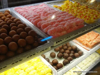 sweets case at Rajbhog Indian restaurant in Jackson Heights, Queens, NY