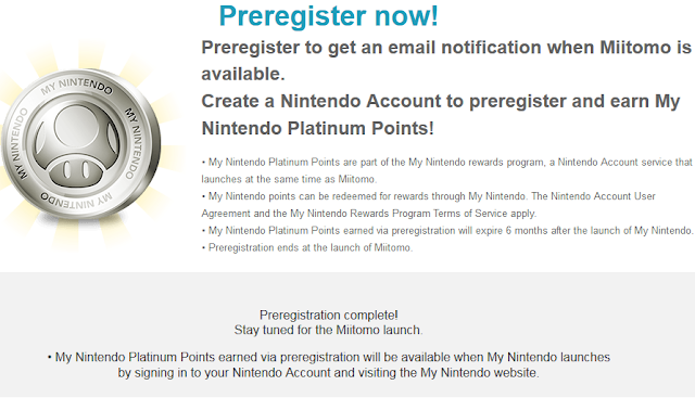 Miitomo preregister page Nintendo Account Platinum Points