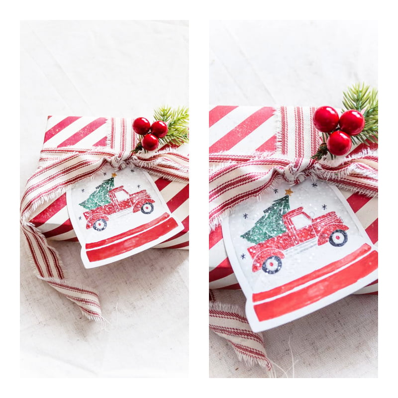 glittered snow globe gift tags, striped red ribbon