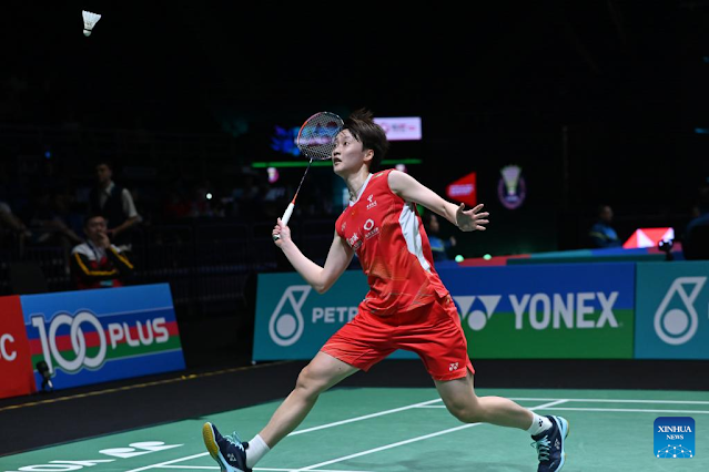 Chen Yufei competes during the women's singles round of 32 match between Chen Yufei of China and Ohori Aya of Japan at the Malaysia Open badminton tournament 2024 in Kuala Lumpur, Malaysia, Jan. 10, 2024. (Photo by Chong Voon Chung/Xinhua)