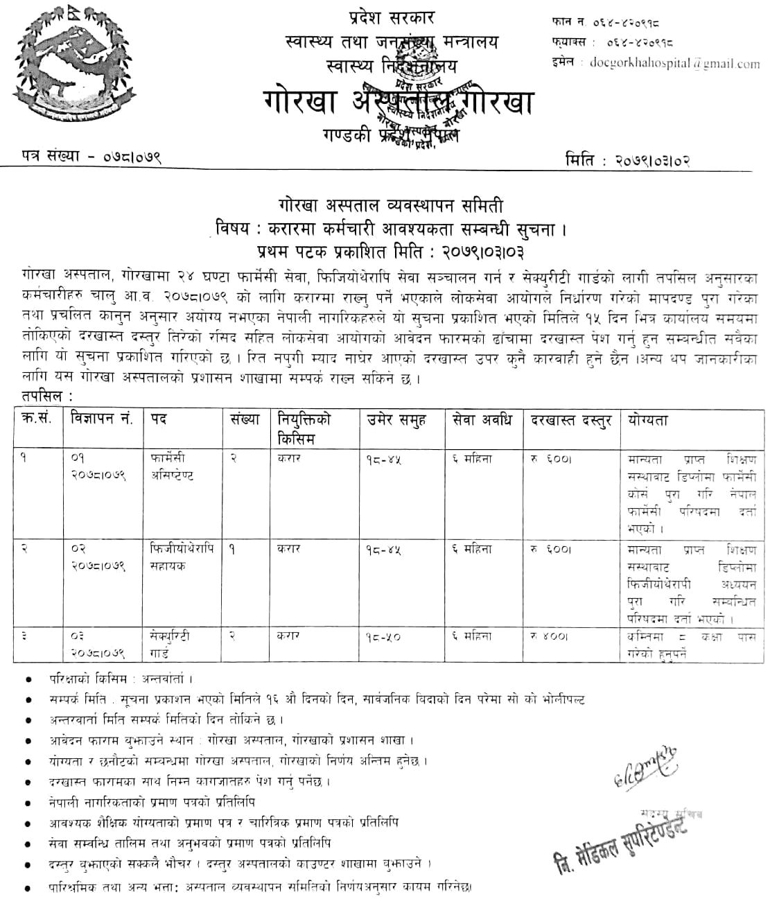 Gorkha Hospital Vacancy for Various Post