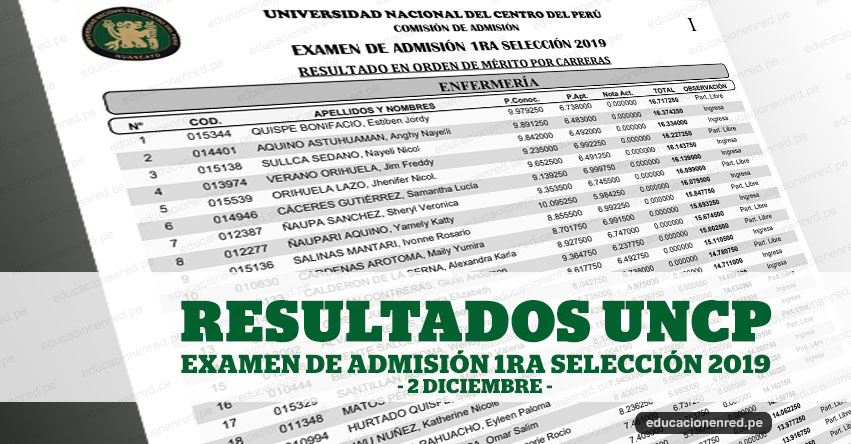 UNCP publicó Resultados Examen Primera Selección 2019 (2 Diciembre) Lista Aprobados 5° Grado Secundaria - Universidad Nacional del Centro del Perú - www.uncp.edu.pe