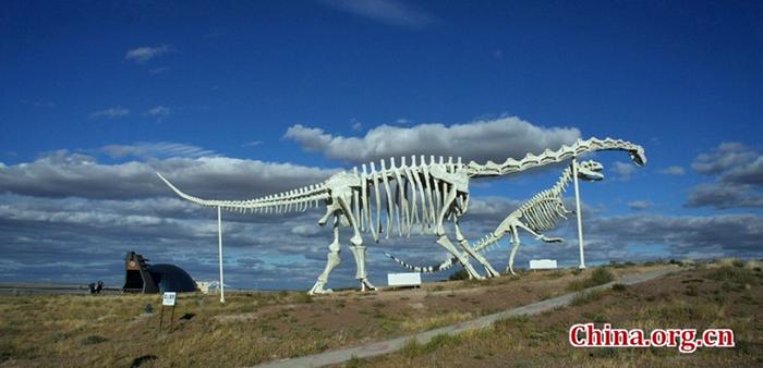 North of China on the Sino-Mongolian border, near the town of Erenhot (also known as Erlian), you will find the statues of two towering Brontosauruses. The two dinosaurs are located on either side of the main highway, their long necks stretching to the other, until the two dinosaur's mouth meet as if to share a kiss. Each dinosaur statue is 34 meters wide and 19 meters high. The span of the two together reaches 80 meters. The ground near the kissing couple is littered with many dozen smaller statues of dinosaurs of all shapes and sizes.