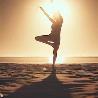 A person gracefully balances in a yoga pose on a sandy beach with the setting sun casting a warm glow.