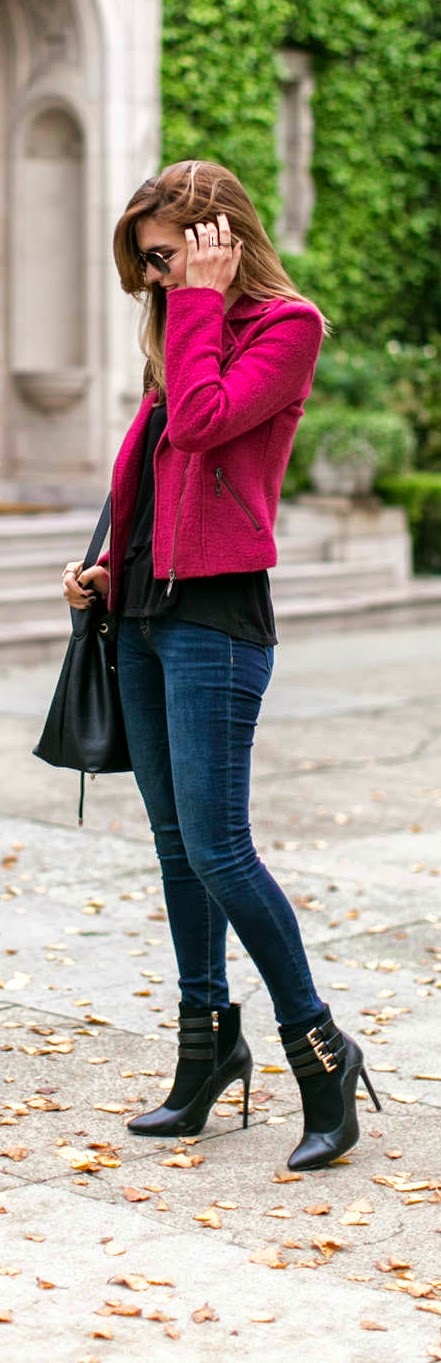 Pink Zipper Blazer + Skinny Jeans