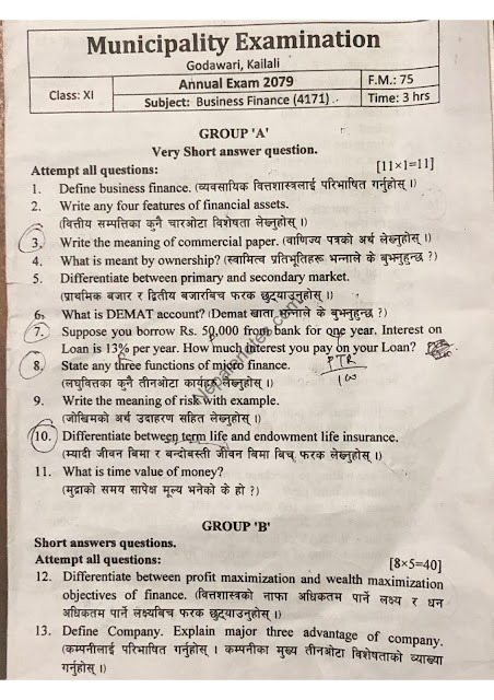 Class 11 Finance Question Paper 2079 - 2022