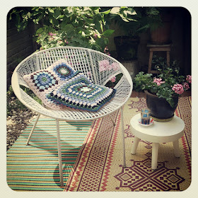 ByHaafner, thrifted stool, crochet, granny square, cushions, terrace