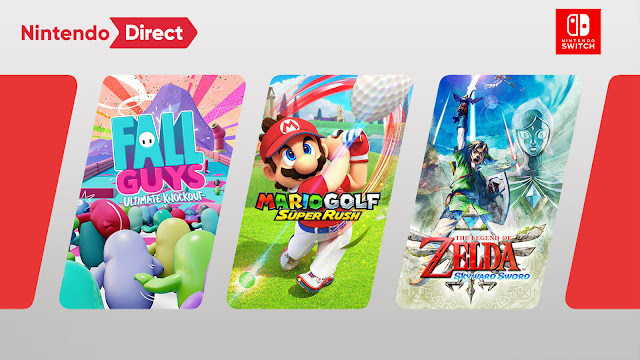 nintendo direct february 2021 switch games fall guys: ultimate knockout mario golf: super rush the legend of zelda: skyward sword hd