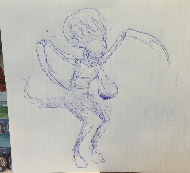 Image of a scythe-armed xenomorph with a tail and enlarged head, apparently spitting out some egg?