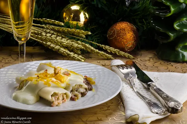 Canelones de boletus con cebolla caramelizada y jamón ibérico. Menú de Navidad 2014