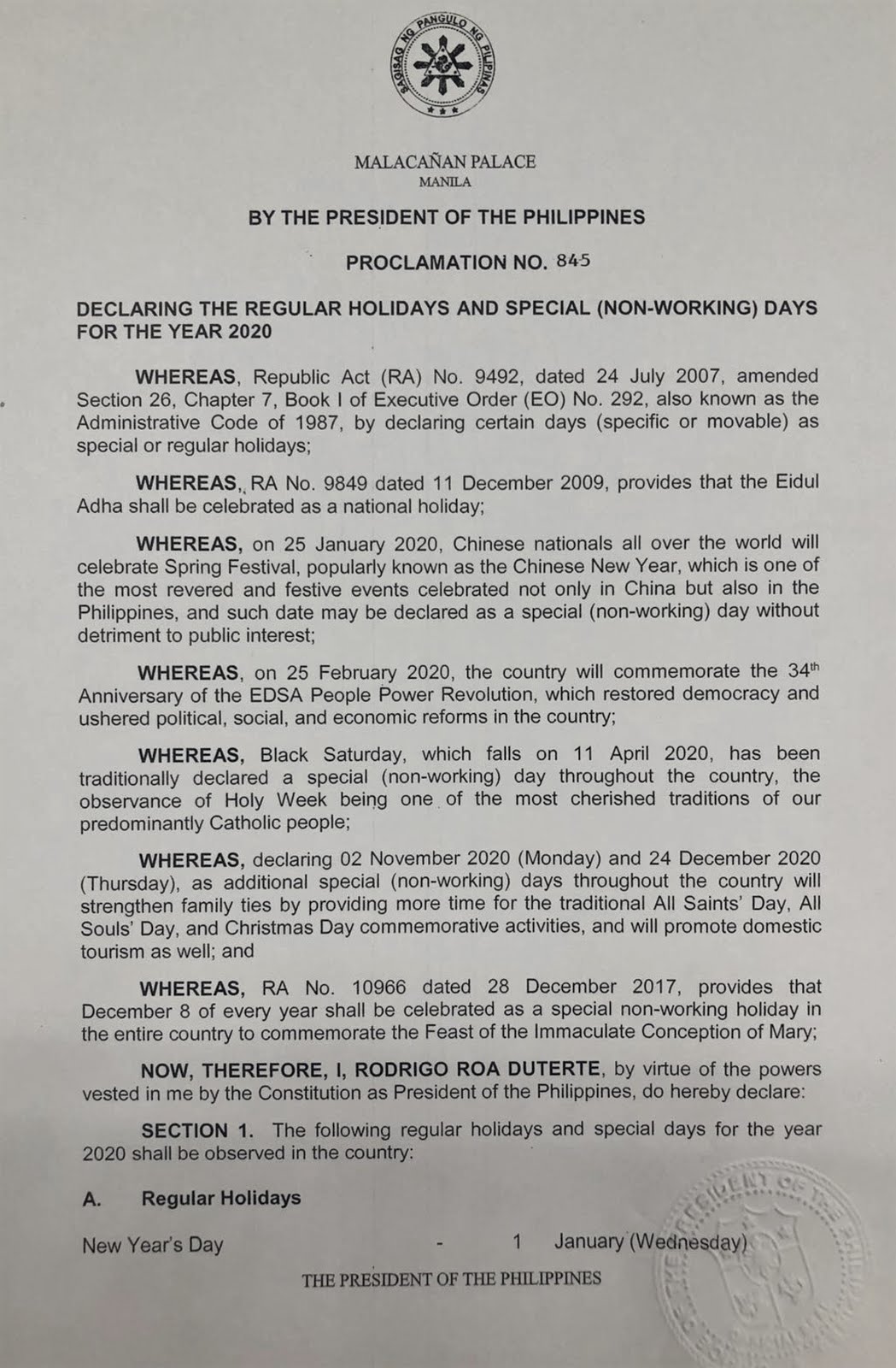 Philippine Holidays Philippine Holidays Proclamation No 845 S 19