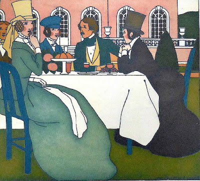 Bernard Boutet de Monvel, a color illustration of young adults at tea on a lawn