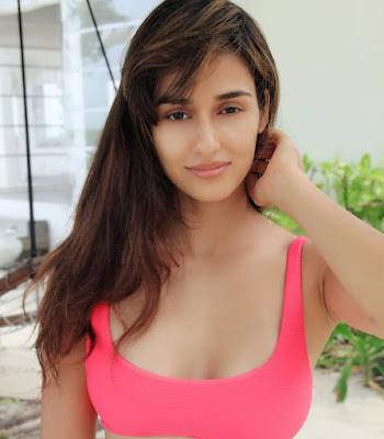 Disha Patani looking busty in pink seamless sports bra sitting in the garden