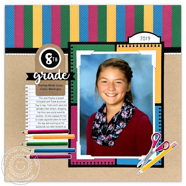 Sunny Studio School Portrait Themed 12x12 Scrapbook Page Layout (using A Cut Above Stamps, Hayley Alphabet, Ribbon & Lace Borders, Notebook Photo Corners & Tabs, Build-A-Tag Dies, Gingham Jewel Tones Paper)