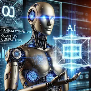 A humanoid AI robot processing data with quantum computing in a high-tech environment.