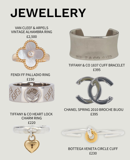 Collage of six preloved designer jewellery pieces with their names and prices printed. Jewellery consists of: Van Cleef & Arpels Vintage Alhambra Ring for £2,500, Fendi FF Palliado Ring for £150, Tiffany & Co Heart Lock Charm Ring for £220, Tiffany & Co 1837 Cuff Bracelet for £395, Chanel Spring 2010 Broche Bijou for £395 and Bottega Veneta Circle Cuff for £230