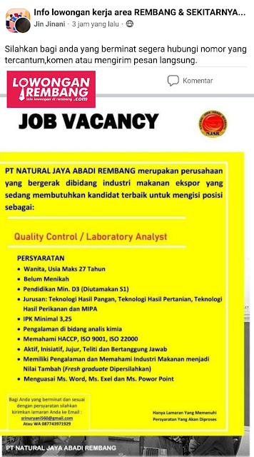 Lowongan Kerja Pegawai Quality Control atau Laboratory Analyst PT Natural Jaya Abadi Rembang