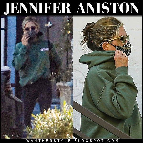 Jennifer Aniston in green hoodie and lace face mask