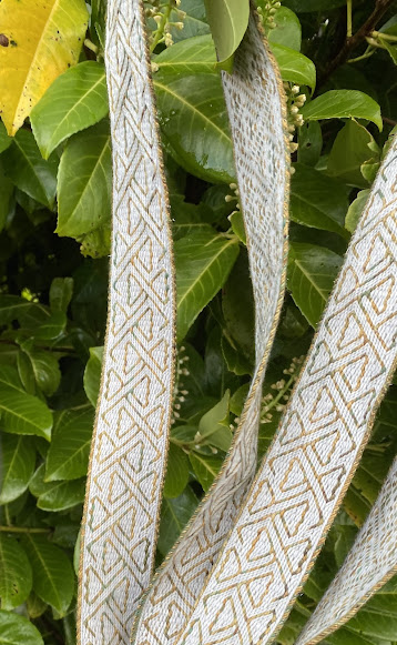 A photograph of a tablet woven band with gold and green ginkgo leaves on a white background, hung up in a dark green laurel hedge