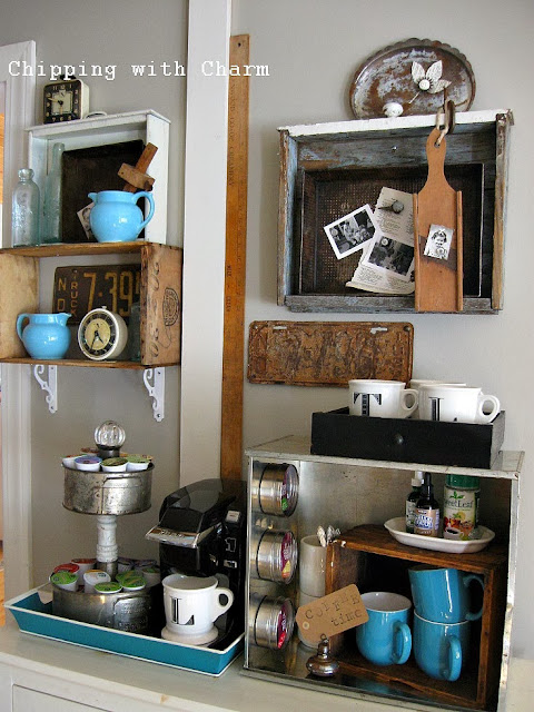 Chipping with Charm:  Getting Organized with Junk, Drawers and Crates Coffee Station...http://chippingwithcharm.blogspot.com/