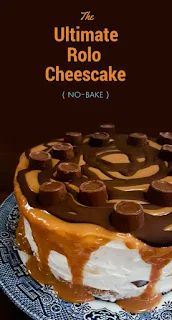 A deep no-bake Rolo cheesecake topped with caramel, melted dark chocolate and Rolos. It's easy to make, but a really stunning cake for a party or celebration, but easy enough to make and serve after Sunday lunch or dinner.